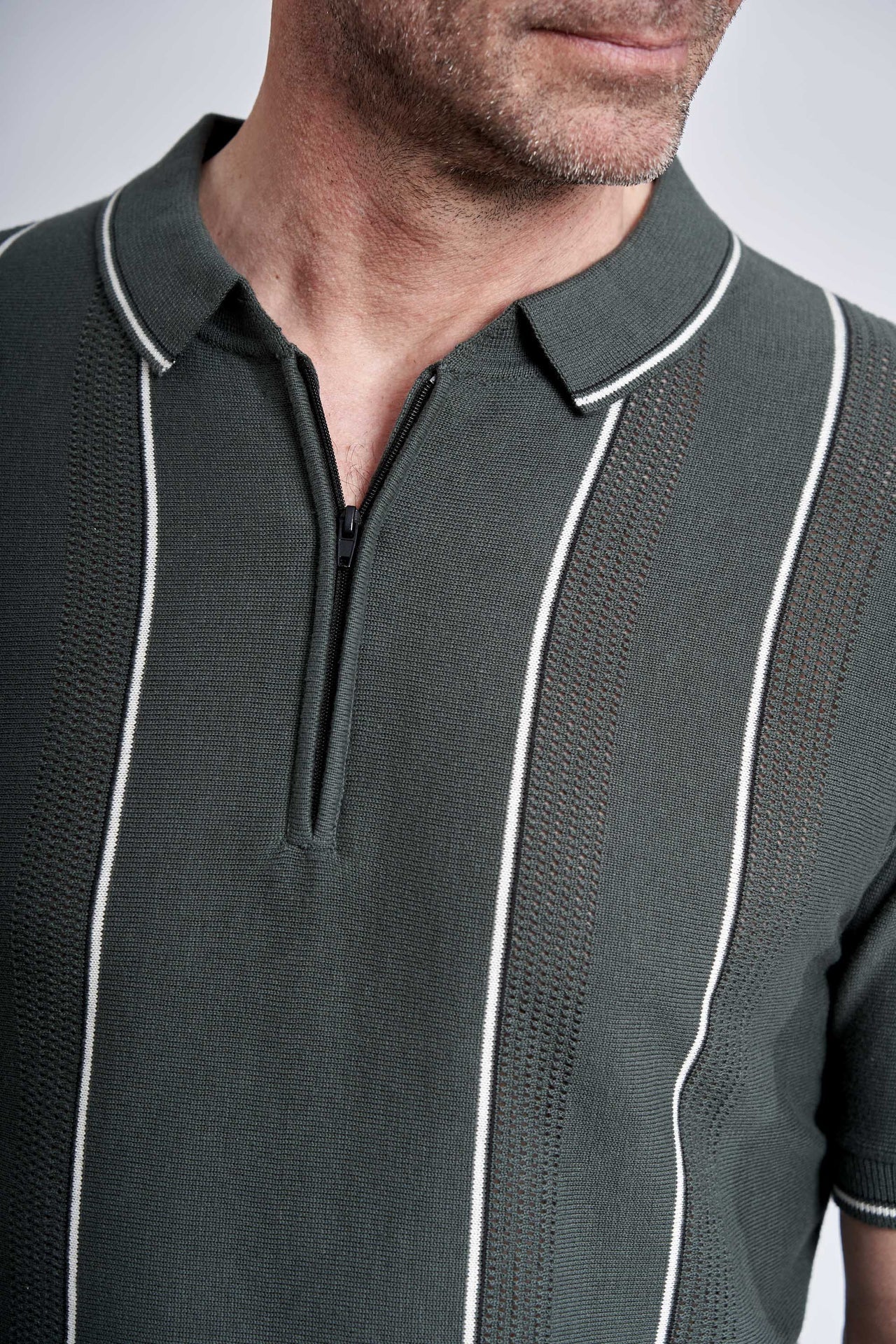 Strikket Polo 'Jesper' - Army, Stripe/Zip