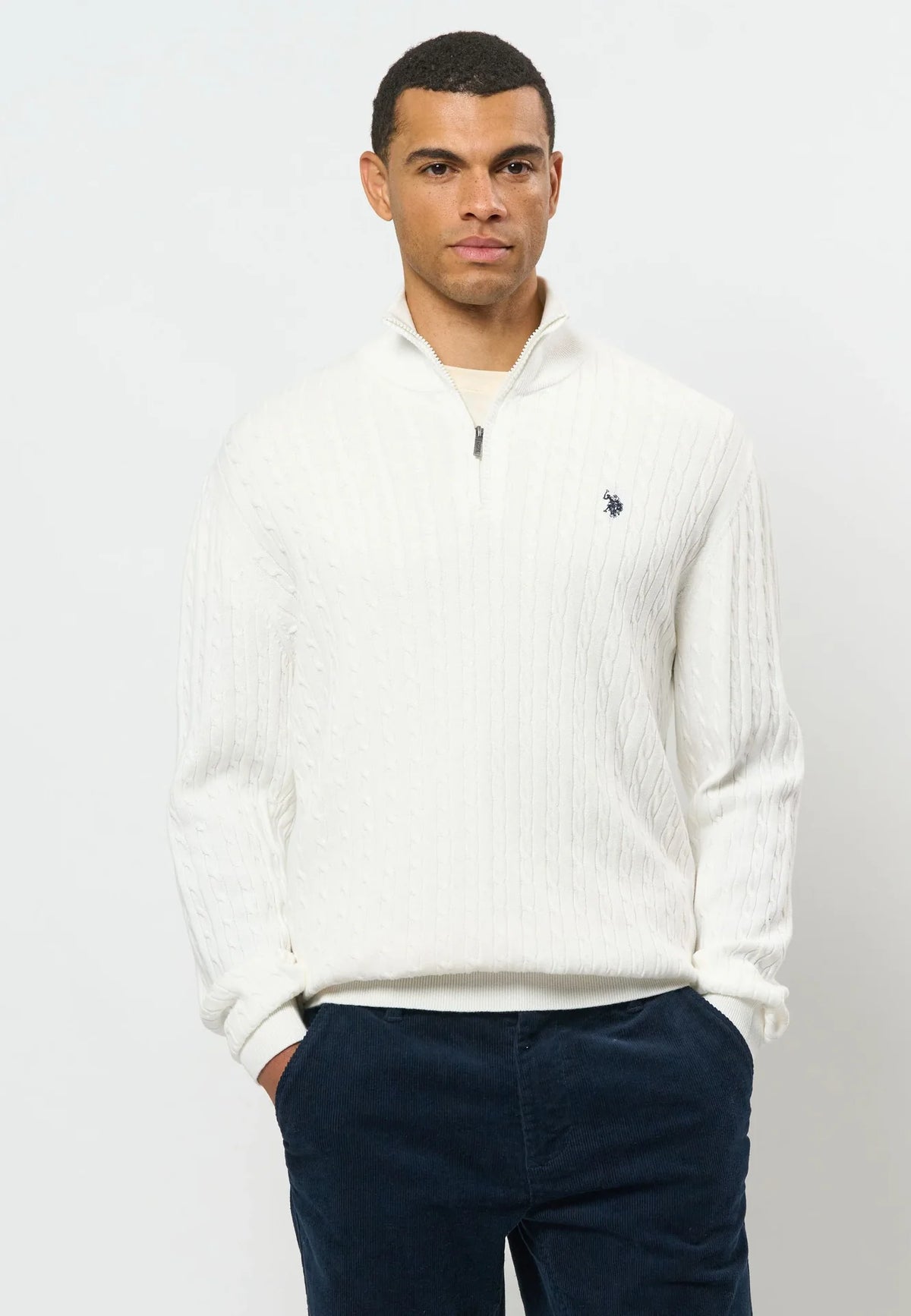 Kabel Strik Half-Zip 'Romeo' - Cloud Dancer
