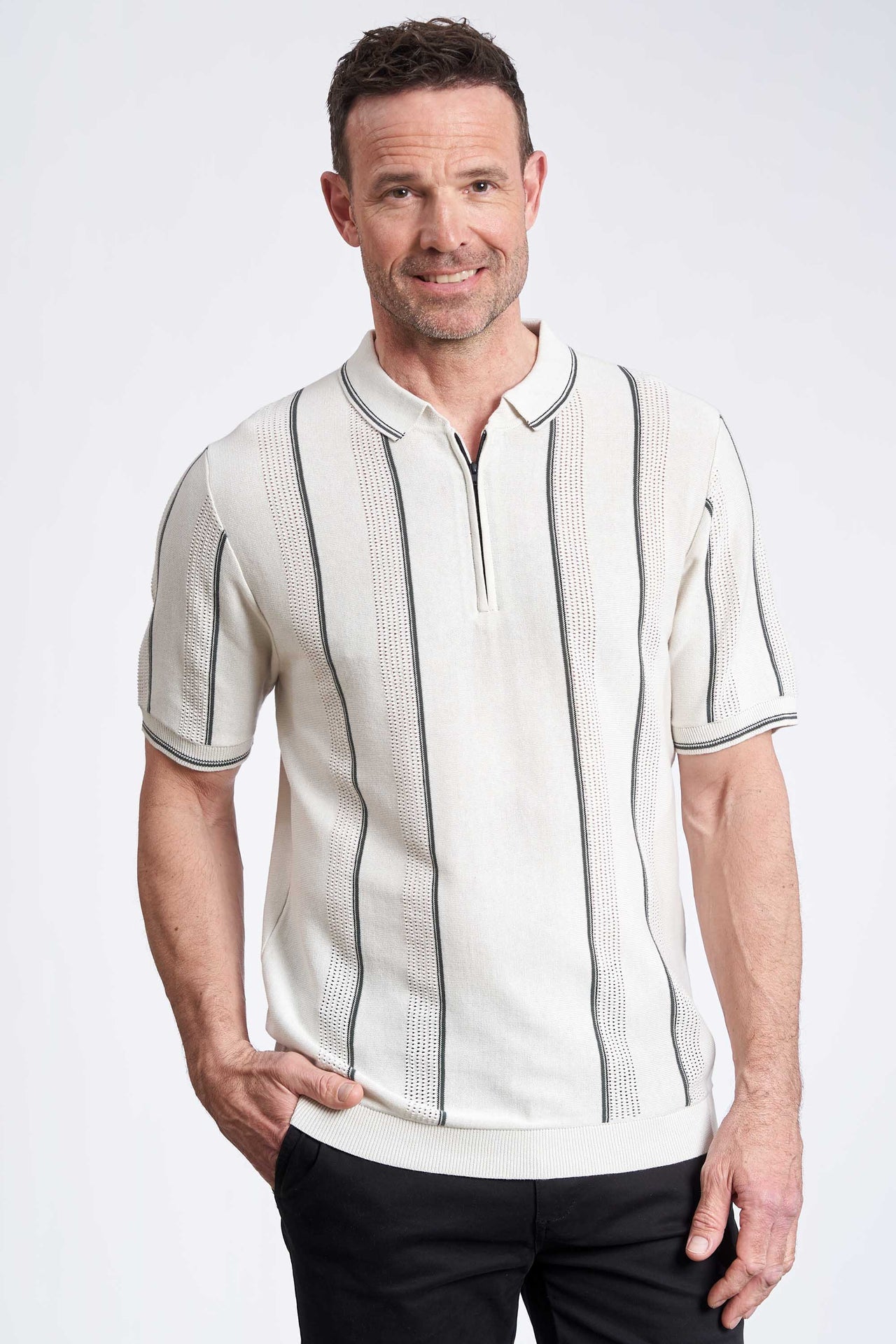 Strikket Polo 'Jesper' - Off White, Stripe/Zip