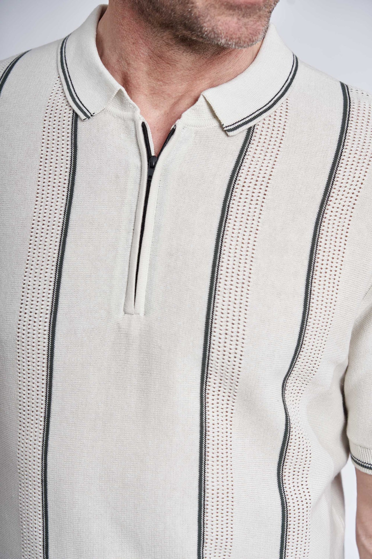 Strikket Polo 'Jesper' - Off White, Stripe/Zip
